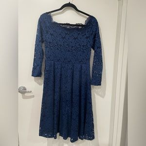 Navy Blue Missmay Lace Long Sleeve Boat Neck Vintage Style Swing Formal Dress
